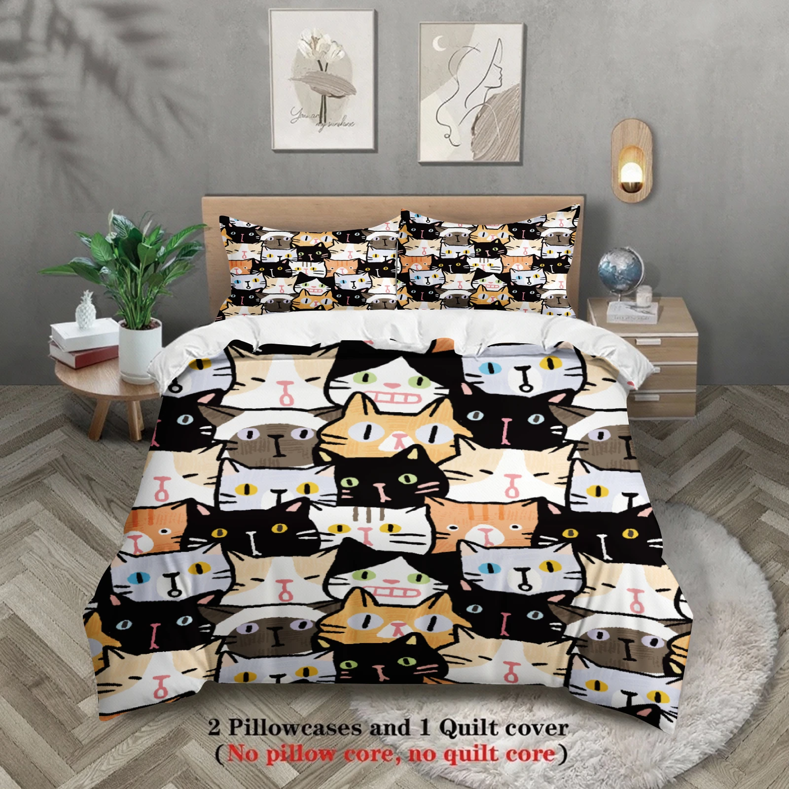 3pcs Cat Face Bedding Sets 3D Printed Cute Cartoon Cat Dormitory Twin Size For Students Duvet Cover Sets With 2Pillowcases