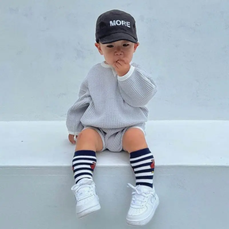 Korea Baby Boys Waffle Clothes Set 2023 Autumn New Baby Girls 2PCS/Set Clothes Sweater+PP Pants Shorts 0-2Y Baby Sportswear Suit