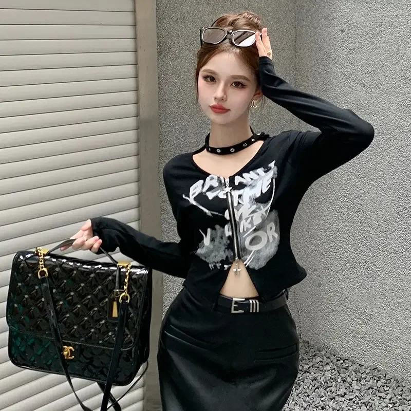 تي شيرت نسائي مثير بفتحات رقبة دائرية تي شيرت نسائي للخريف فاسق مثير للفتيات بأكمام طويلة تي شيرت Ulzzang بسحّاب أنيق Y2k قطع علوية قصيرة ملابس خروج جديدة