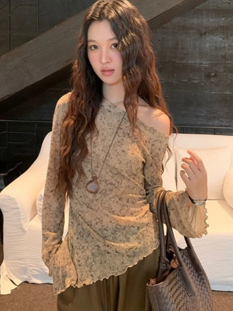 Y2k Aesthetic Sexy Skew Collar Vintage T-shirt 2026 Tie-dye Grunge Flare Sleeve Tshirts Harajuku Irregular Ruffled Bodycon Tees