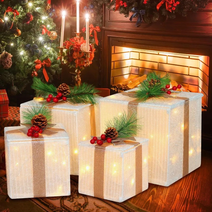 Juego de 4 cajas de regalo con iluminación navideña con 70 luces LED, cajas de regalo con marco de hierro blanco decoradas con piñas y lazos para