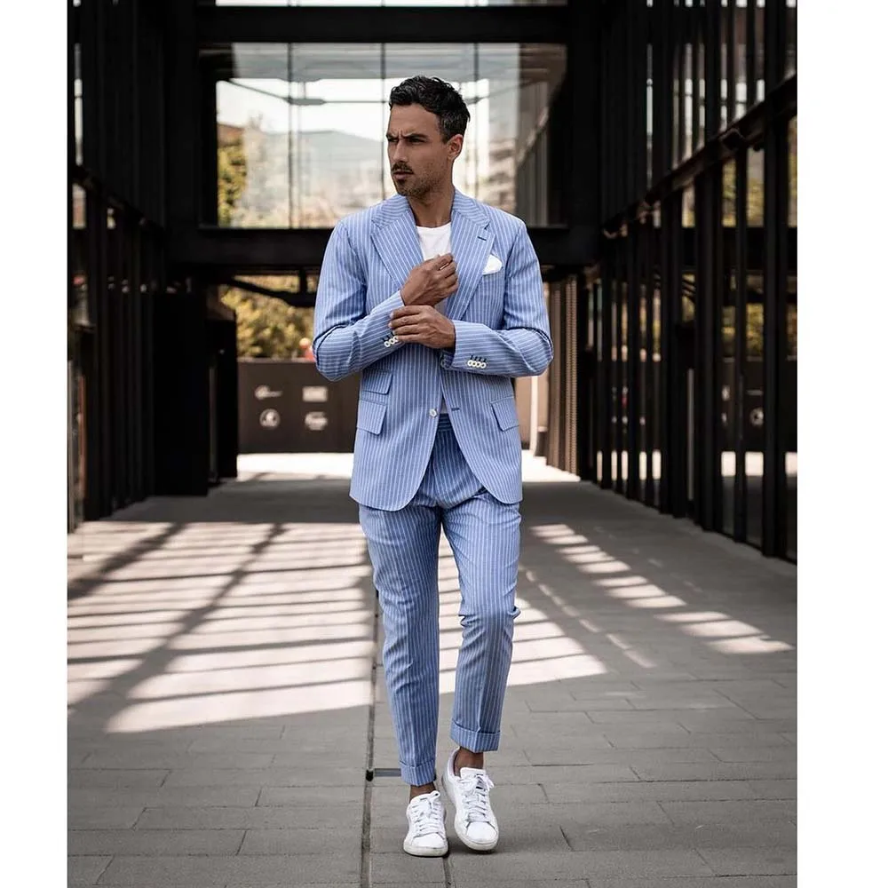 

Blue Pinstripe Men Suits Summer Single Breasted Notch Lapel Casual 2 Piece Jacket Pants Custom Made Beach Blazer Male Clothing