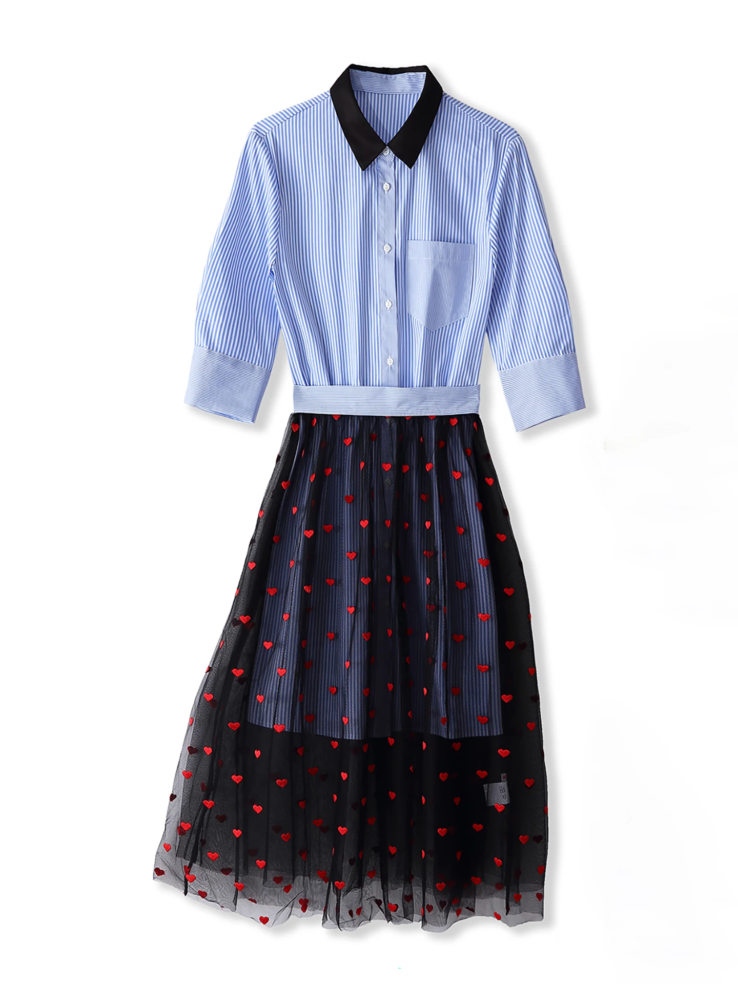 

Новый летний модный комплект 2026: сине-белая полосатая рубашка миди и сетчатая юбка-полусолнце для женщин