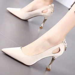 Sexy Pointed Thin High Heels Shoes for Women Autumn Fashion Hollow Bow Pumps Solid Color Birthday Party Shoes Zapato Tacon Mujer