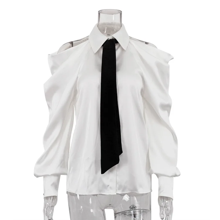 

Роскошно мягкая асимметричная рубашка с открытым плечом, длинным рукавом, структурированная, элегантная, с завязками на шее, офисная, больших размеров