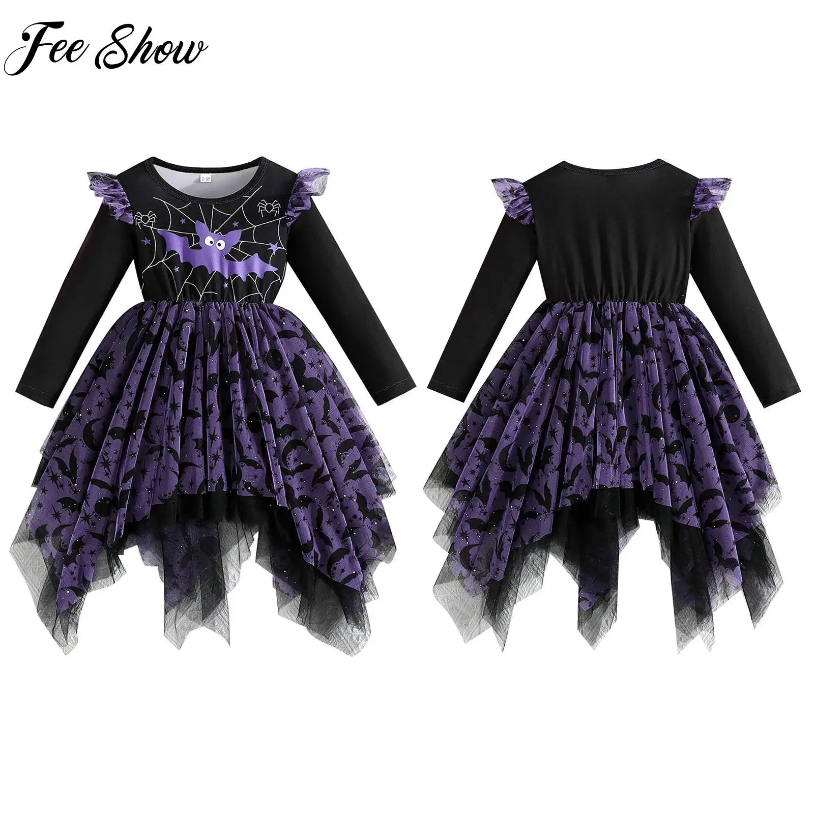

New Girls Halloween Easter Bat Cosplay Dress Up Christmas Theme Party Costume Long Sleeve Shoulder Lace Mesh Ruffled Dress