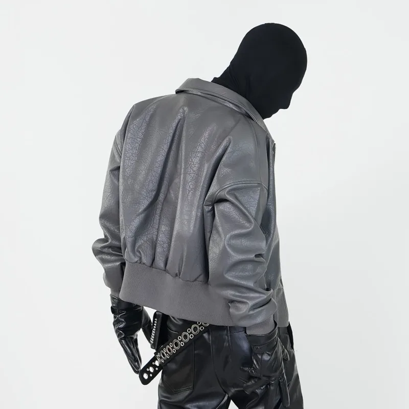 HKSH Autumn New Men Tide Punk Fashion Double Zipper Design Textured Short Silhouette Flight Jacket PU Leather Coat Trend HK14782