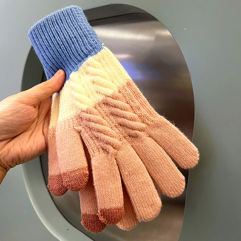 1 Pair Women's Knitted Split Finger Gloves Colorful Winter Thickened Keep Warm Touch Screen Windproof Riding Gloves Gift