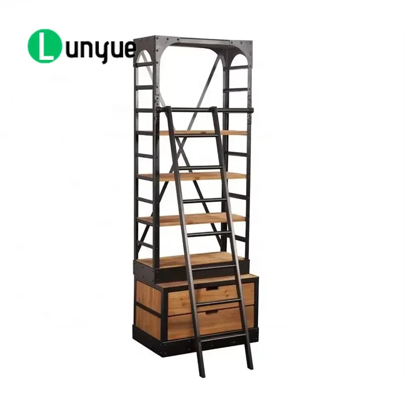 French Country Industrial Wrought Iron Wooden Library Bookshelf with Storage Drawer and Ladder Display Bookcase for Home