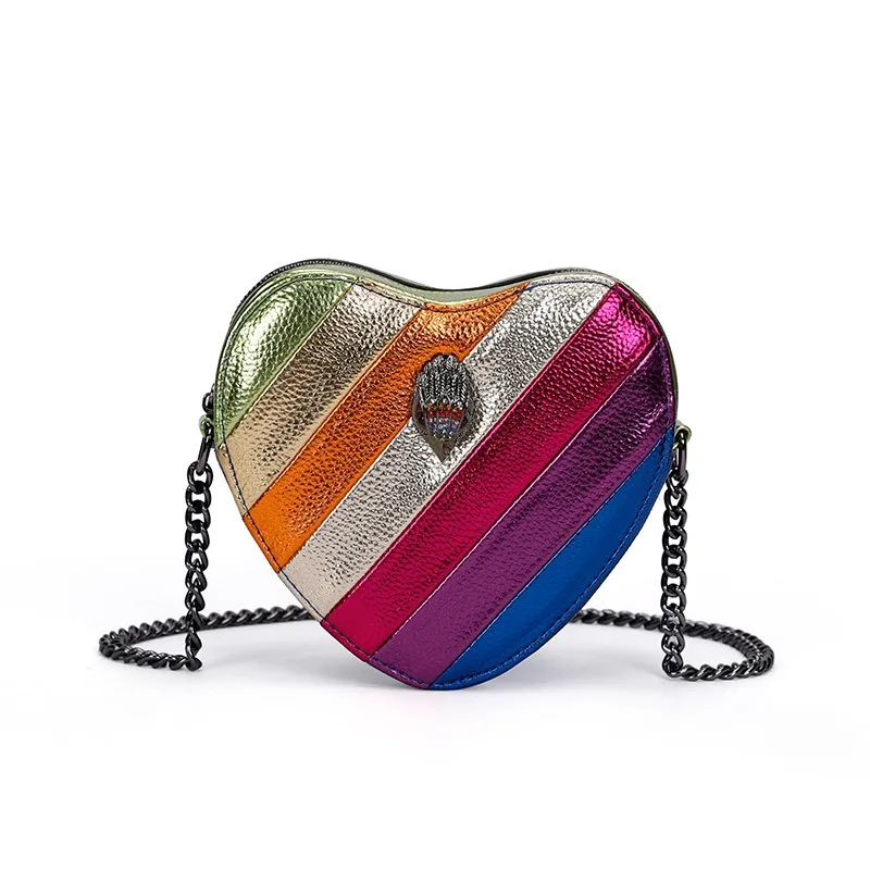 New Shoulder Heart-Shaped Contrast Rainbow Splice Crossbody PU Tote Bag British Brand Designer Handbag Fashion Trend Women's Bag