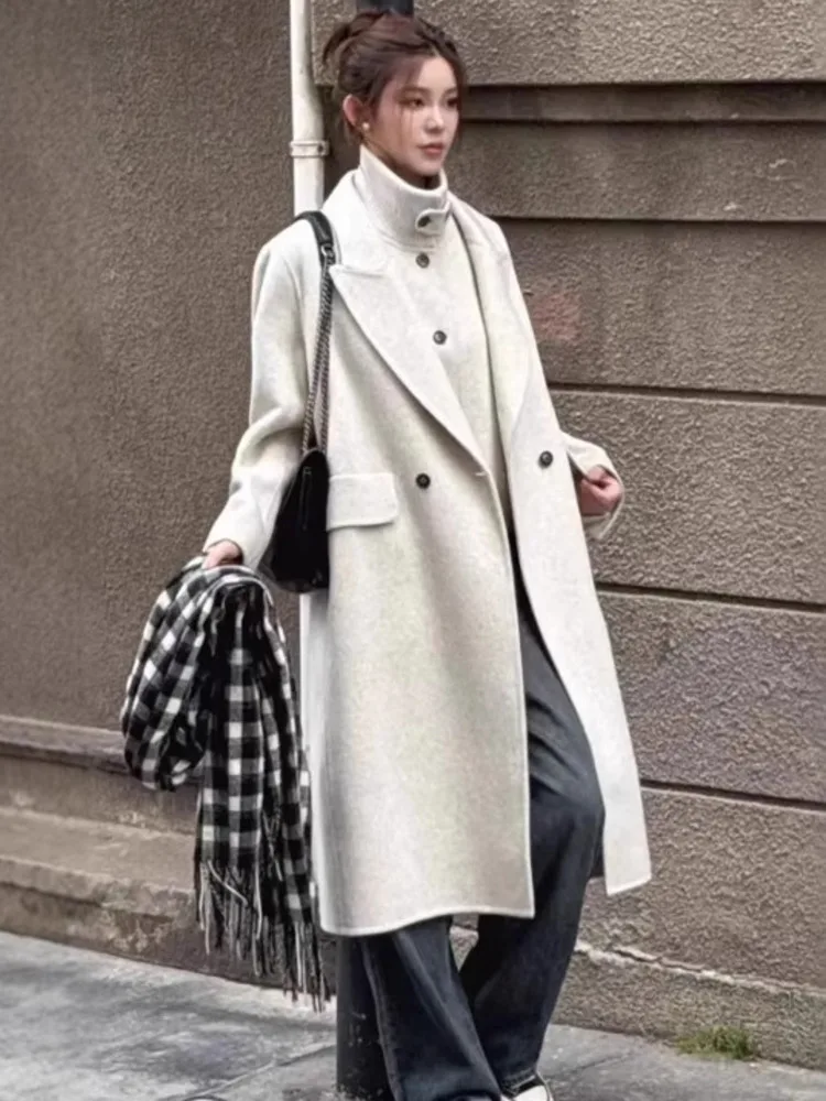 ZMEENNA Klassieke grijze wolmix lange jas met dubbele rij knopen, revers en zakken voor dames, stijlvol voor dagelijks gebruik ZM3498