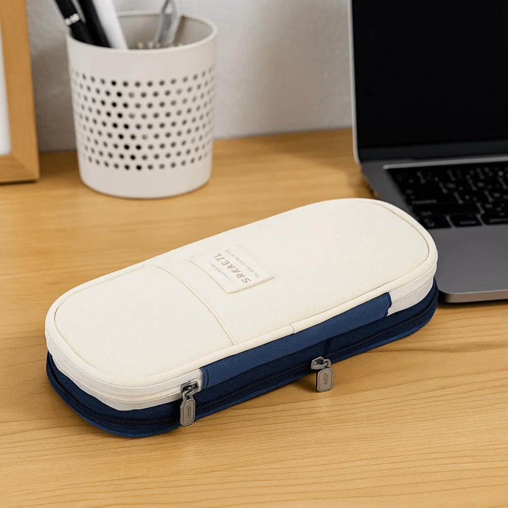 Polyester Simple Student Pen Bag Color Blocked Stretchable Storage Pencil Bag Large Capacity Organizer Macaron Pencil Case