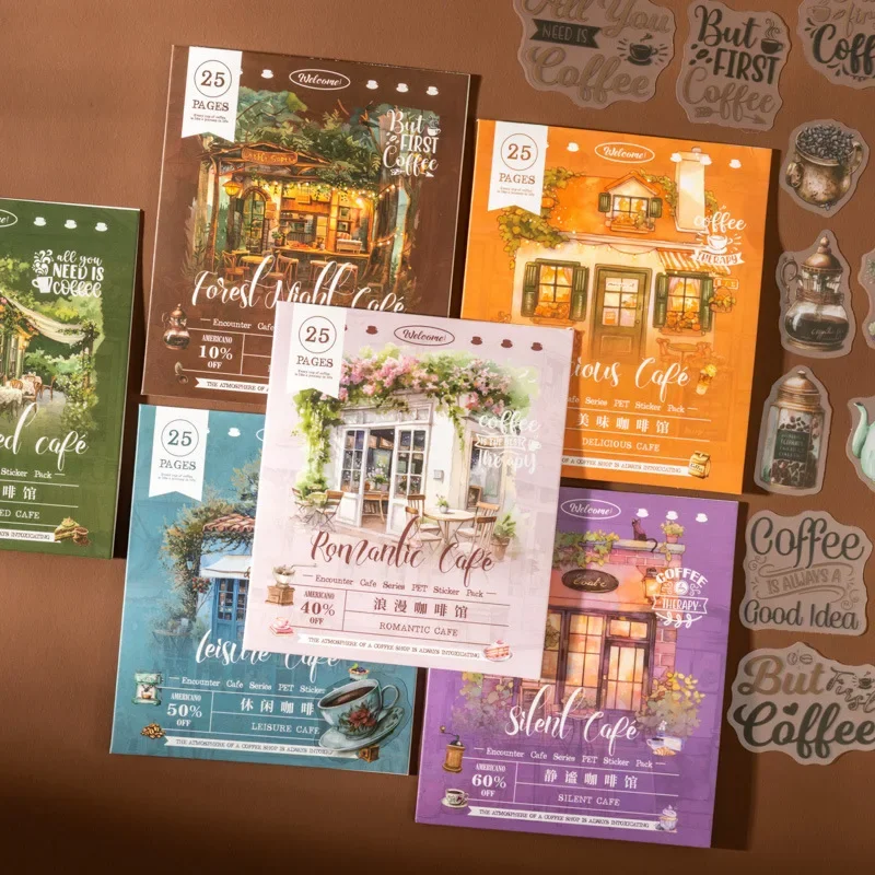 25 Blatt Cafe Aufkleber Haus Begegnung Kaffee Schulbedarf Mori Nacht Romantisches Café Grünpaket Scrapbooking geschnitten 136*97mm