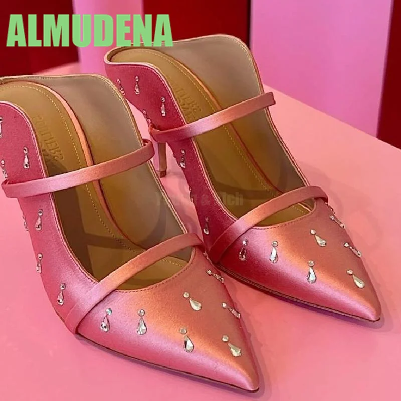 

Slippers with Slim Heels Fashionable Women's Water Droplet Diamond Design= Bow Decoration High Heels and Air Cooling Slippers