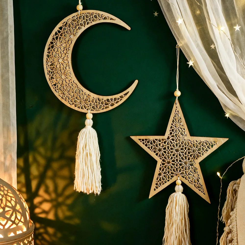 Ornements suspendus en bois du Ramadan, lune et étoile, maille creuse, décor mural islamique Eid Mubarak, décor musulman, cadeau du Ramadan Kareem