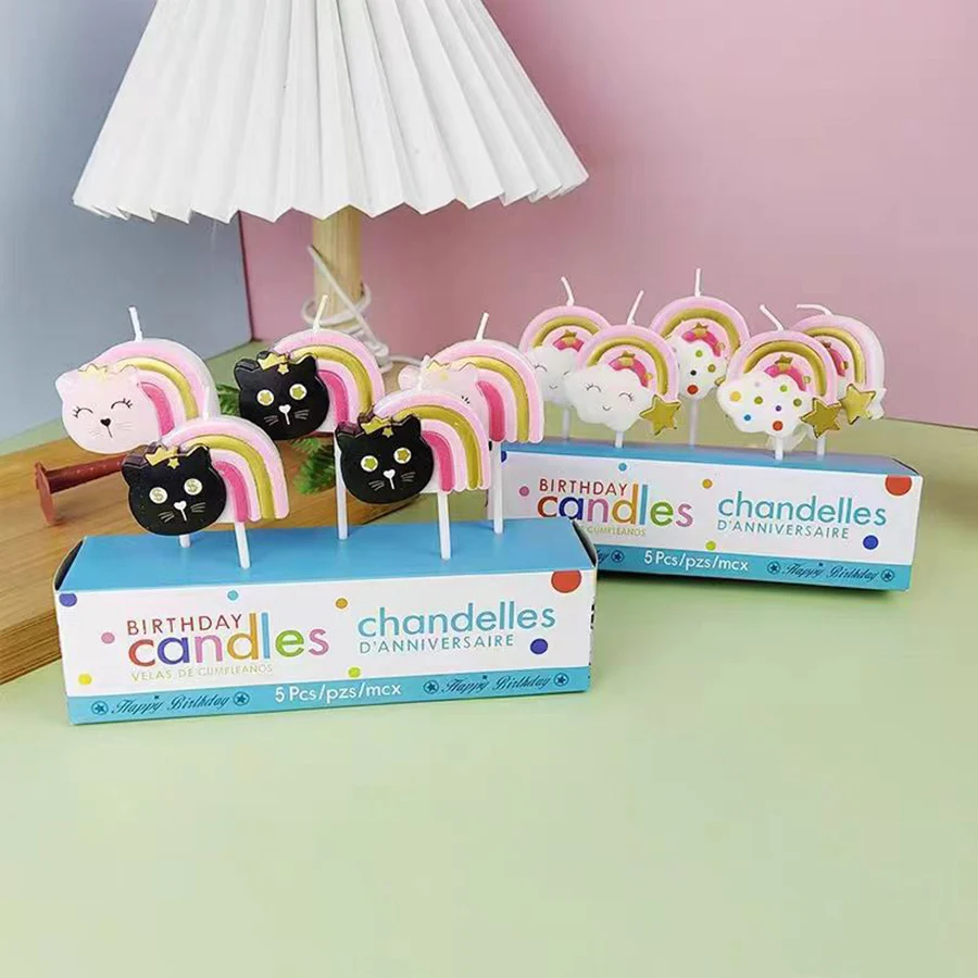 5-Zweig niedliche schwarze und rosa Katzen-Regenbogenkerzen, Kuchendekoration, kreative Lächeln, Wolkenkerzen, Geburtstagsfeier, Backkerzen