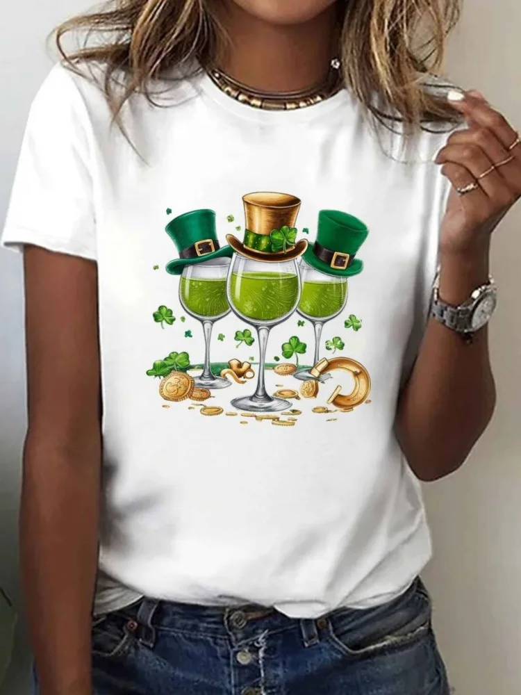 LadiesSt Patrick Day T-shirt Featuring Three Glasses with Dwarf Hats, Clover, and Gold Coin Print Round Neck Short Sleeved Shirt