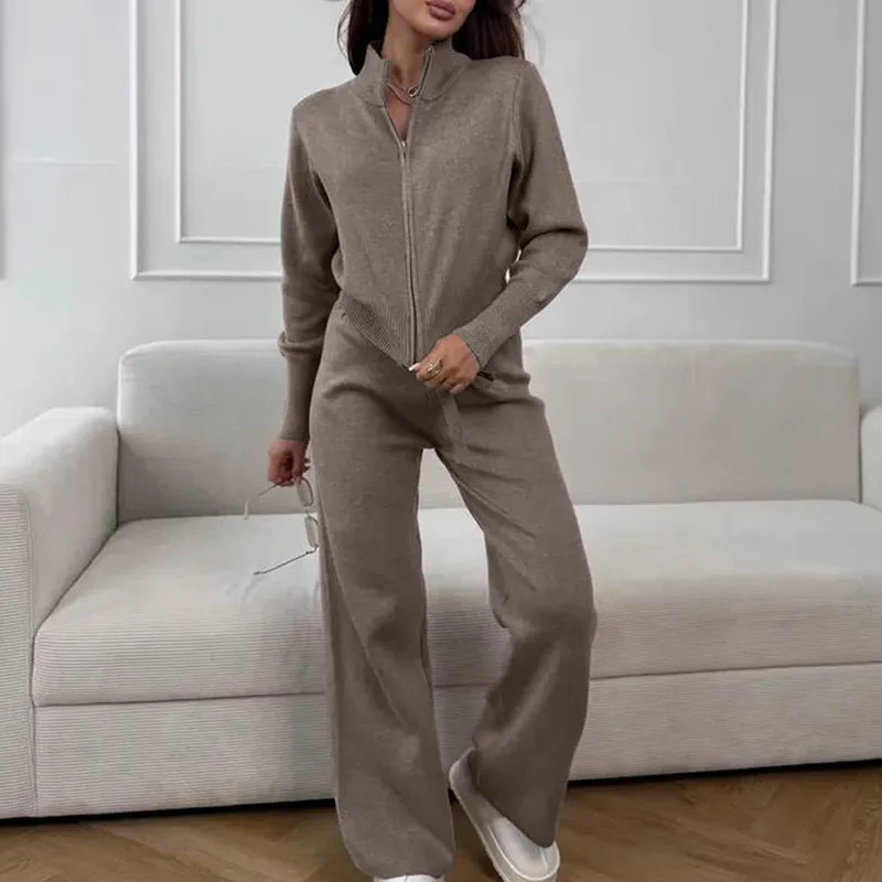 

Autumn Winter Solid Color Knitted Women's Set New Zipper Long Sleeve Top and Pants Suit Simple Casual High Waist Straight Outfit