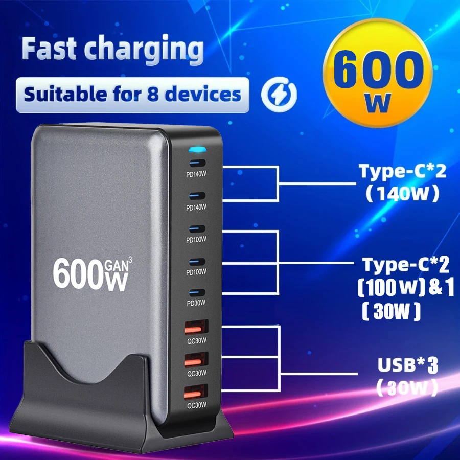 600W GaN High Speed Charger Station,USB C Fast Charging Adapter for Cellphones,for IPhone 16/15/14,Xiaomi,Samsung, LED Indicator