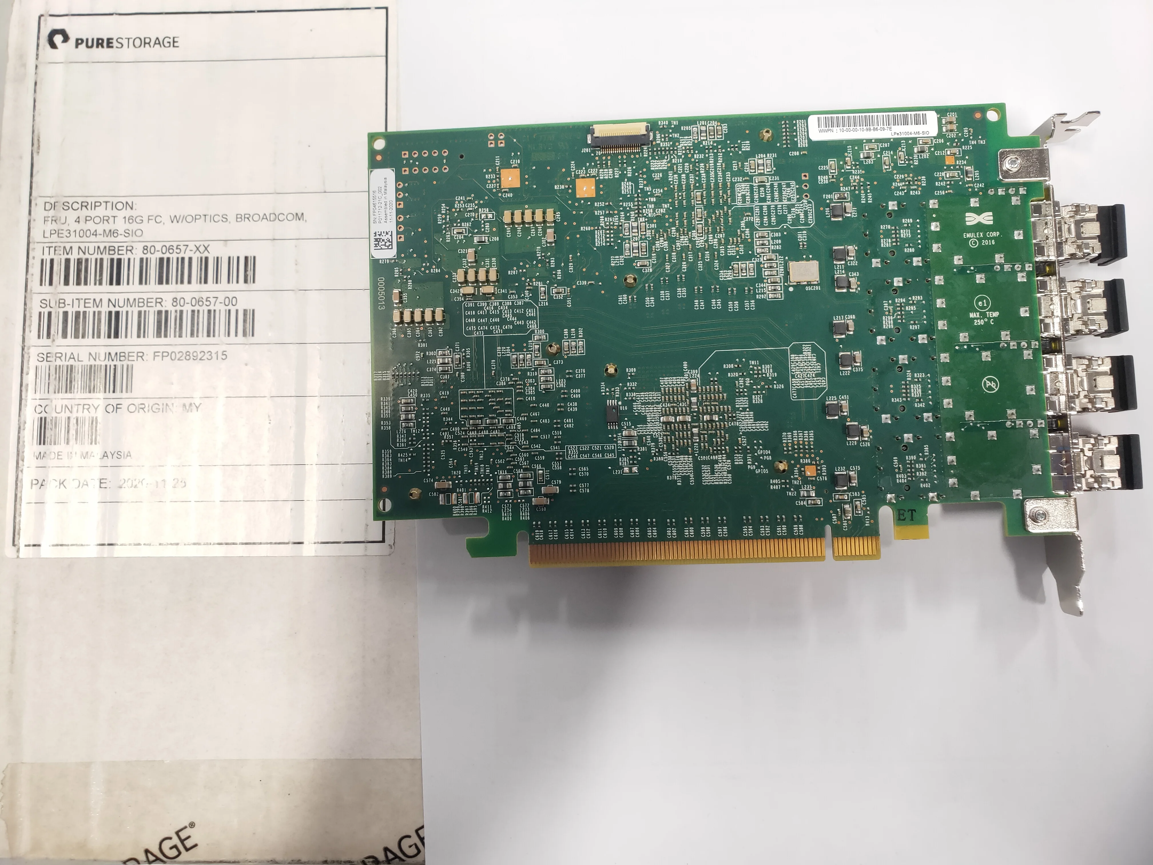 

Emulex LPE31004-M6-SIO 16GB Fibre Channel 4Port 16G FC,W/OPTICS 80-0657-XX 80-0657-00 FP02892315