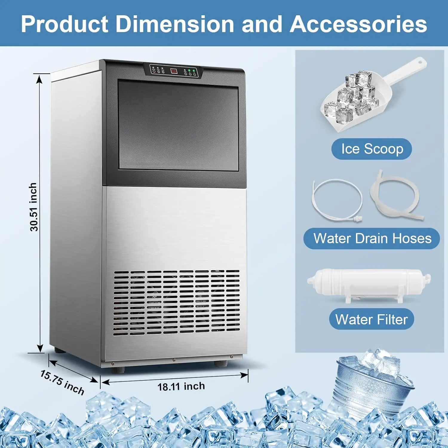 Ice Maker Machine 150lbs/24H 72 Ice Cubes Under Counter with 35lbs Capacity, Auto Self-Cleaning Water Filter Scoop Drain Pipe