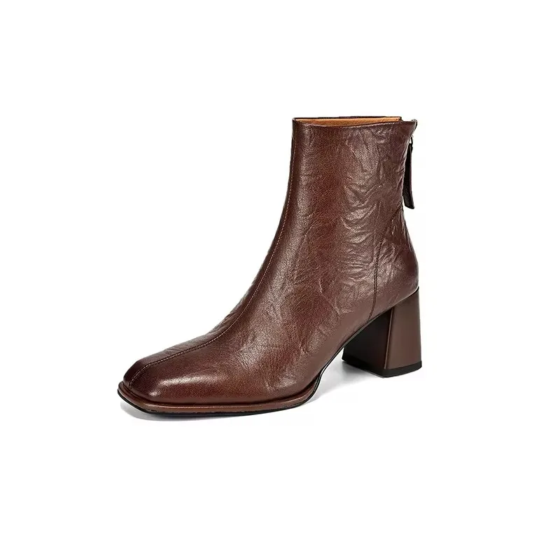 Zapatos de tacón alto de cuero de vaca para mujer, botas clásicas Chelsea con punta cuadrada y cremallera, botines concisos para citas, talla 42, Invierno