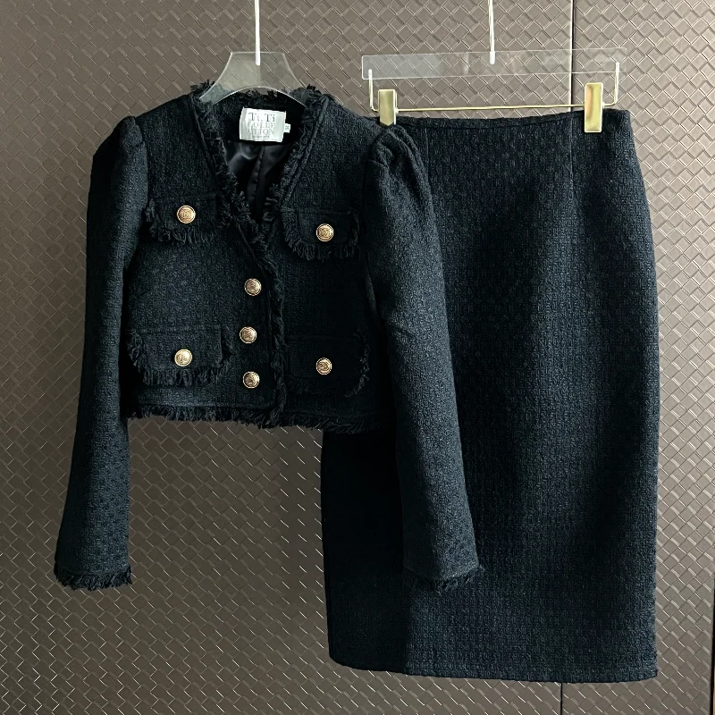 

Black V-neck Tassel Small Fragrant Tweed Jacket+ Long Skirt Women Set Fashion Simple Elegant French Office Two-piece Lady Suit