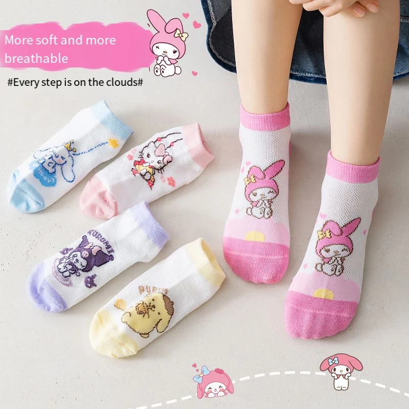 

5 Pairs Miniso Anime Kuromi Kawaii Socks for Girls Summer Baby Summer Socks Children's Socks Sweat Inhalation New Festival Gift