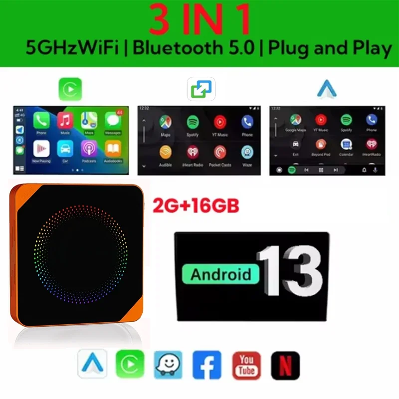 

Беспроводной адаптер Android Auto и CarPlay с ИИ-функциями и RGB-подсветкой для Android 13, для Netflix, YouTube и интеллектуальных систем автомобиля