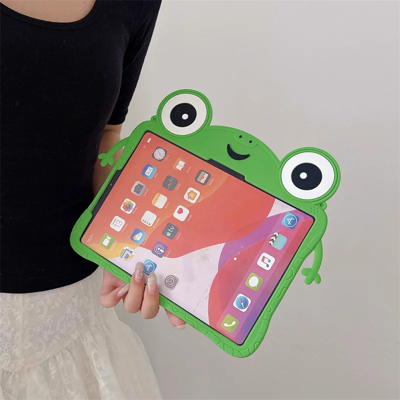 Für iPad A16 Air 2 3 4 5 6 10.9 Mini 6 7 Pro 11 9 8 7. Generation Tablet-Hülle Cartoon Niedliche 3D-Frosch-Halterung Weiche Silikonhülle