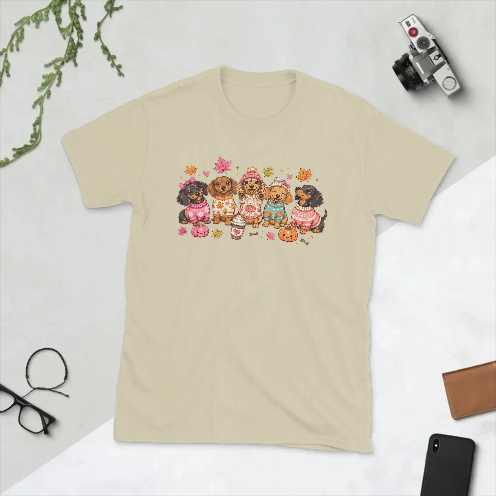 Cute Dachshund Halloween Ghost Coffee T-Shirts Men  Funny Pure Cotton Tee Shirt O Neck Short Sleeve T Shirts Clothes