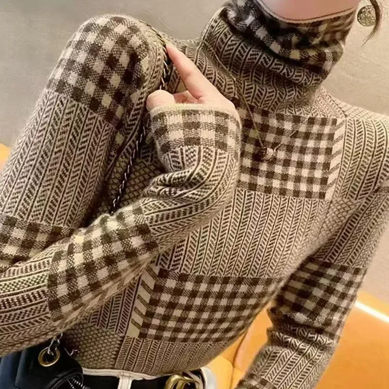 

Женская одежда, винтажная универсальная водолазка, вязаный пуловер, осенне-зимний модный тонкий клетчатый лоскутный свитер, офисный женский топ