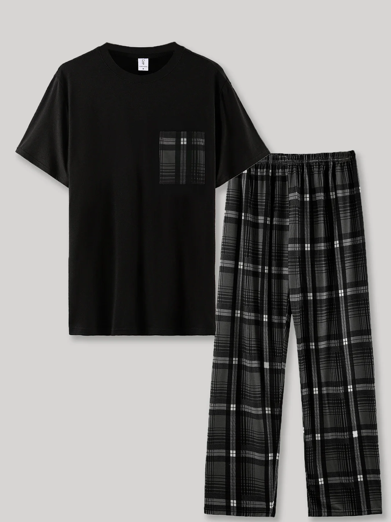 Set di indumenti da notte estivi da uomo T-shirt nera con tasca scozzese a maniche corte e pantaloni a quadretti Comodo set di vestiti casual per la casa