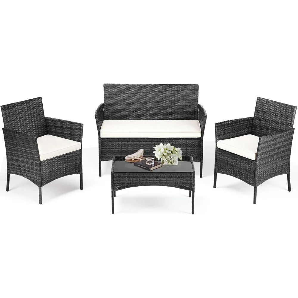 

Patio Furniture Set 4 Pieces, Outdoor Wicker Furniture with Coffee Table, Modern Rattan Patio Chairs Conversation Sets with Sof