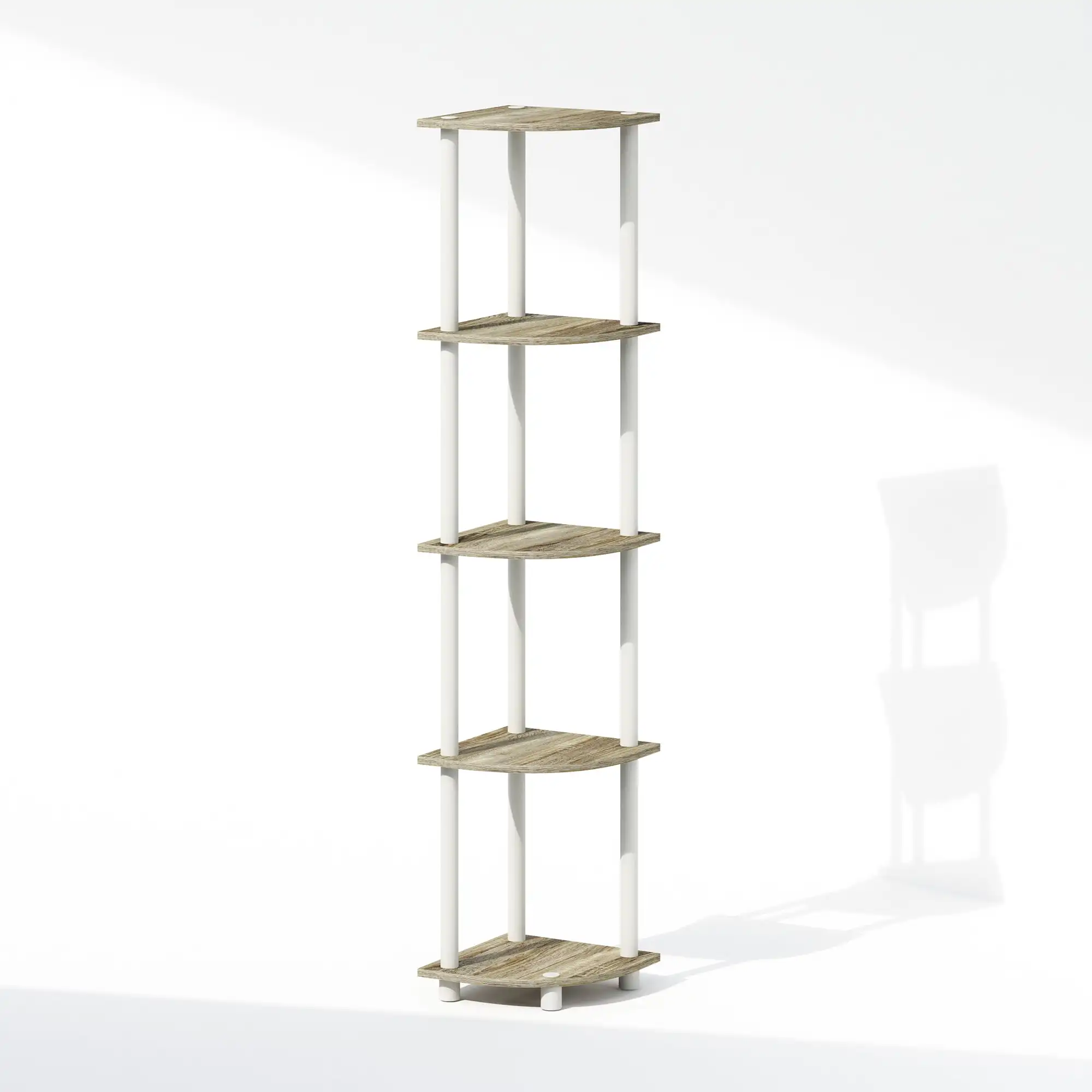 

Furinno Turn-N-Tube 5 Tier Multipurpose Corner Display Rack Shelving Unit, Sonoma Oak/White