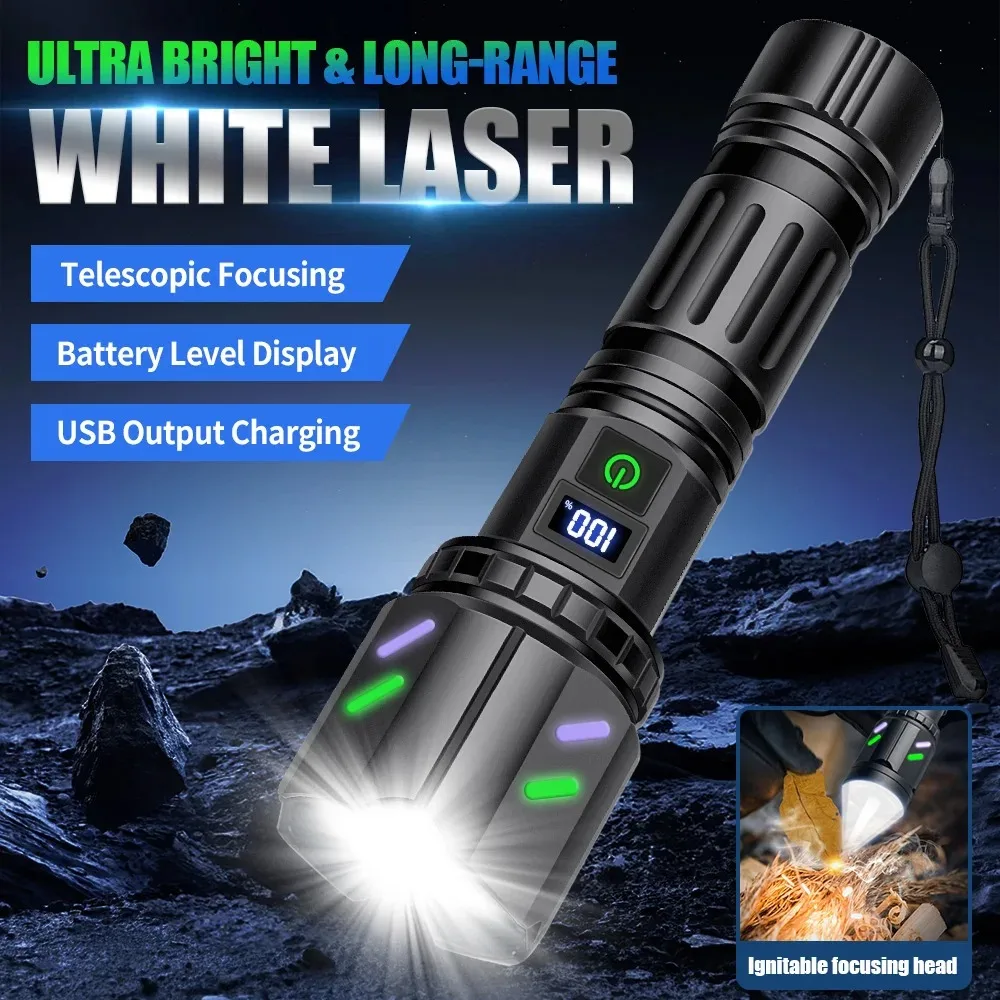 High Power White Laser LED Flashlight with Ignition Lens Fast Charging Outdoor Camping Tactical Torch with 26650 Battery