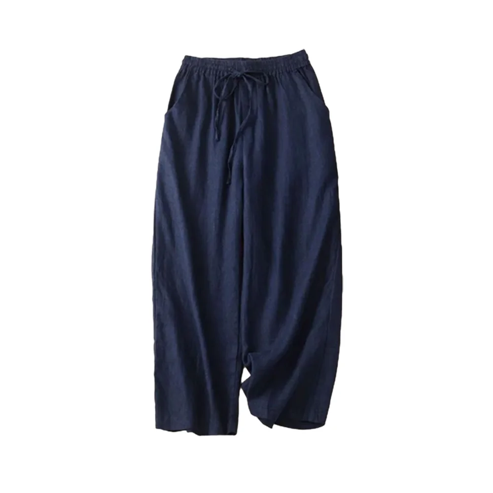 Katoenen Linencasual Solide Veters Elastische Hoge Taille Losse Wijde Pijpen Damesbroek Enkellange Broek Voor Dameskleding Mode