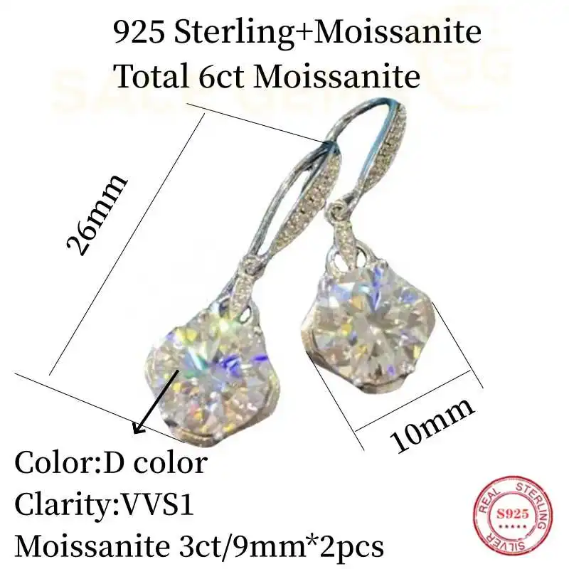 SACEGEMS GRA Certified D Color 6ct Moissanite 925Sterling Silver Plated with 18k White Gold Drop Earrings for Women Fine Jewelry