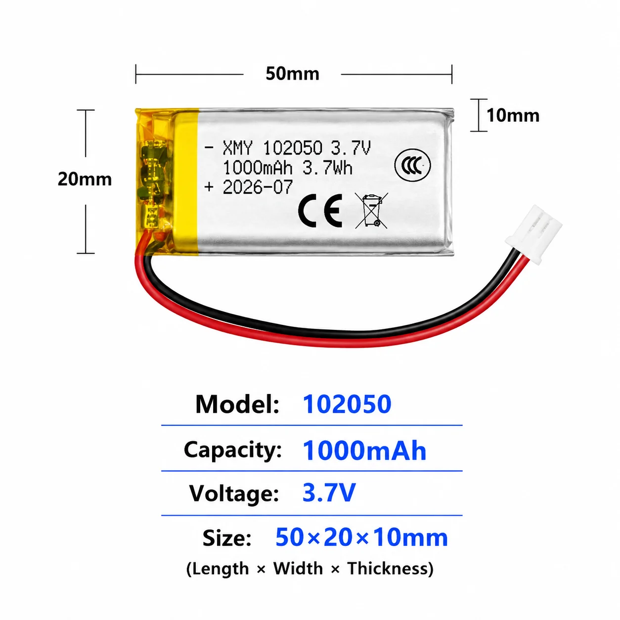 2PCS 3.7V LiPo Battery 500-4000mAh 902030 102050 103450 104050 974058 124065 Rechargeable with Protection Board PH2.0 Plug