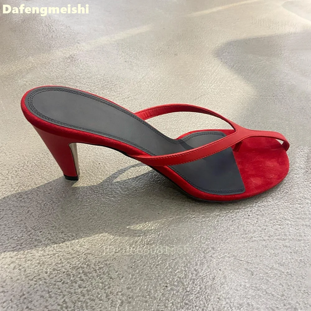 Women Red Suede & Leather Slippers Thong Toe Slip-On Mules Mid Cone Heel Sandals Party 2026 New Summer Casual Shoes Size 35-40