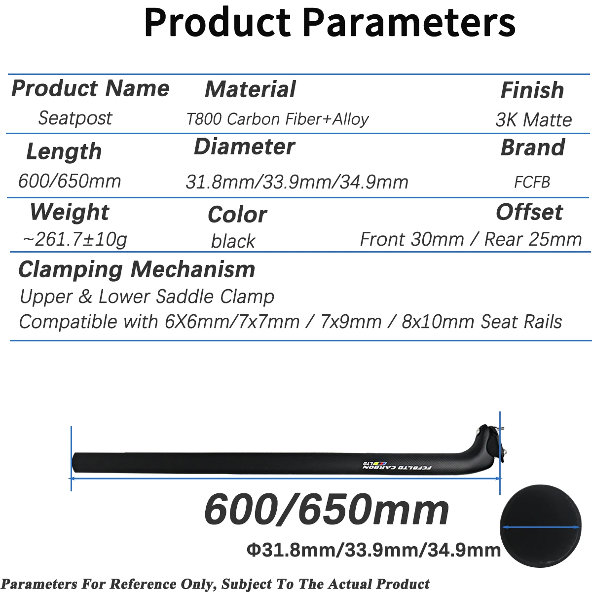 FCFB Carbonfaser-Sattelstütze 600/650 mm extra lang, Fahrrad-Sattelstütze mit Rückwärts- und Vorwärtsversatz für Rennräder – Detail 3