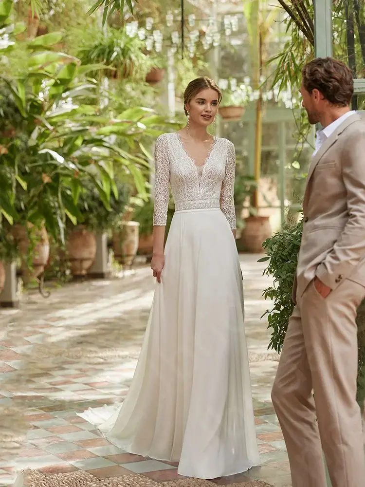 Vestidos de novia bohemios de encaje, mangas 2024, escote en V, playa, recortado en la espalda, verano, 3/4