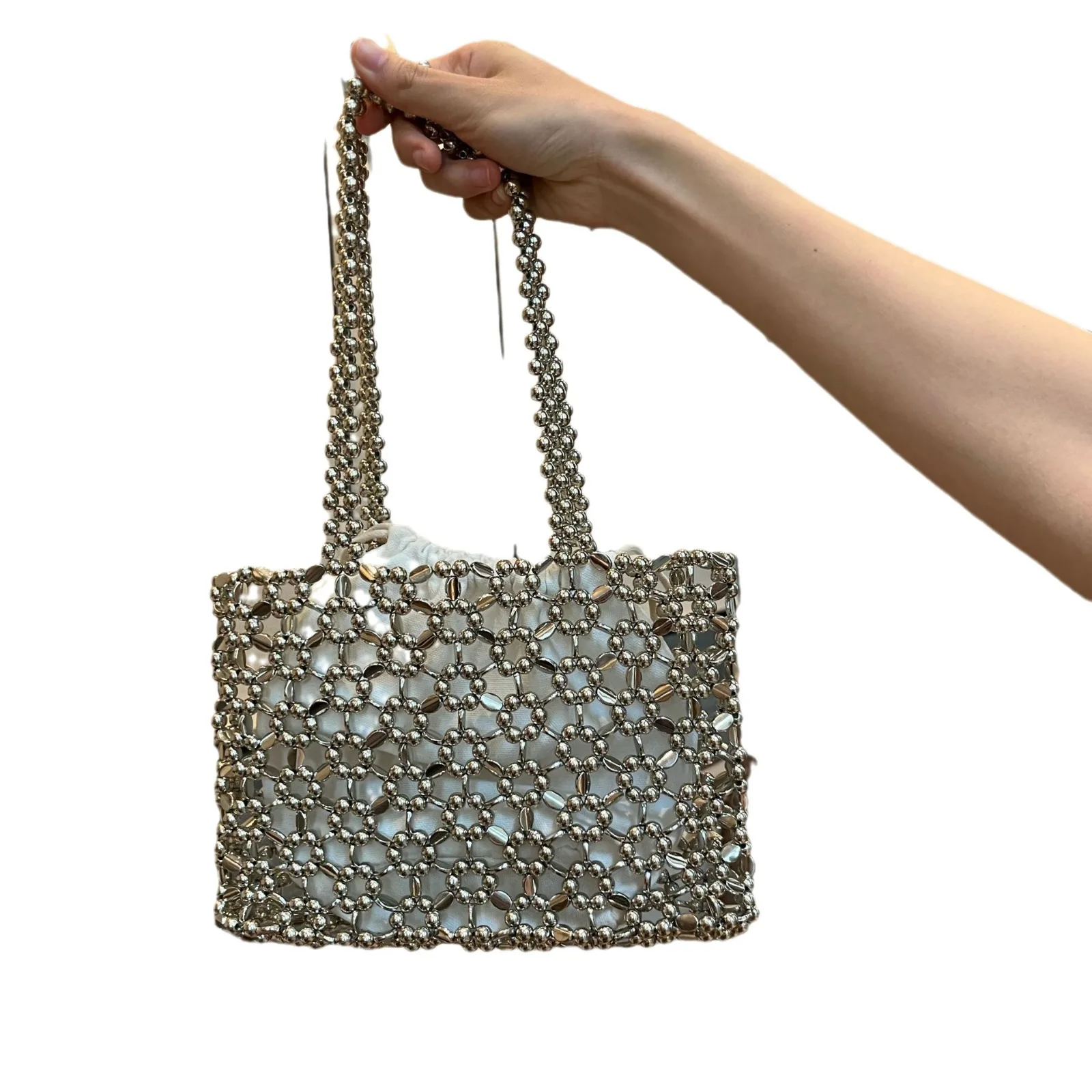 Shining Silver Color Weave Beading Handbag For Women Summer Beach Tote Handbags Banquet Party Clutches Ladies Daily Shoulder Bag