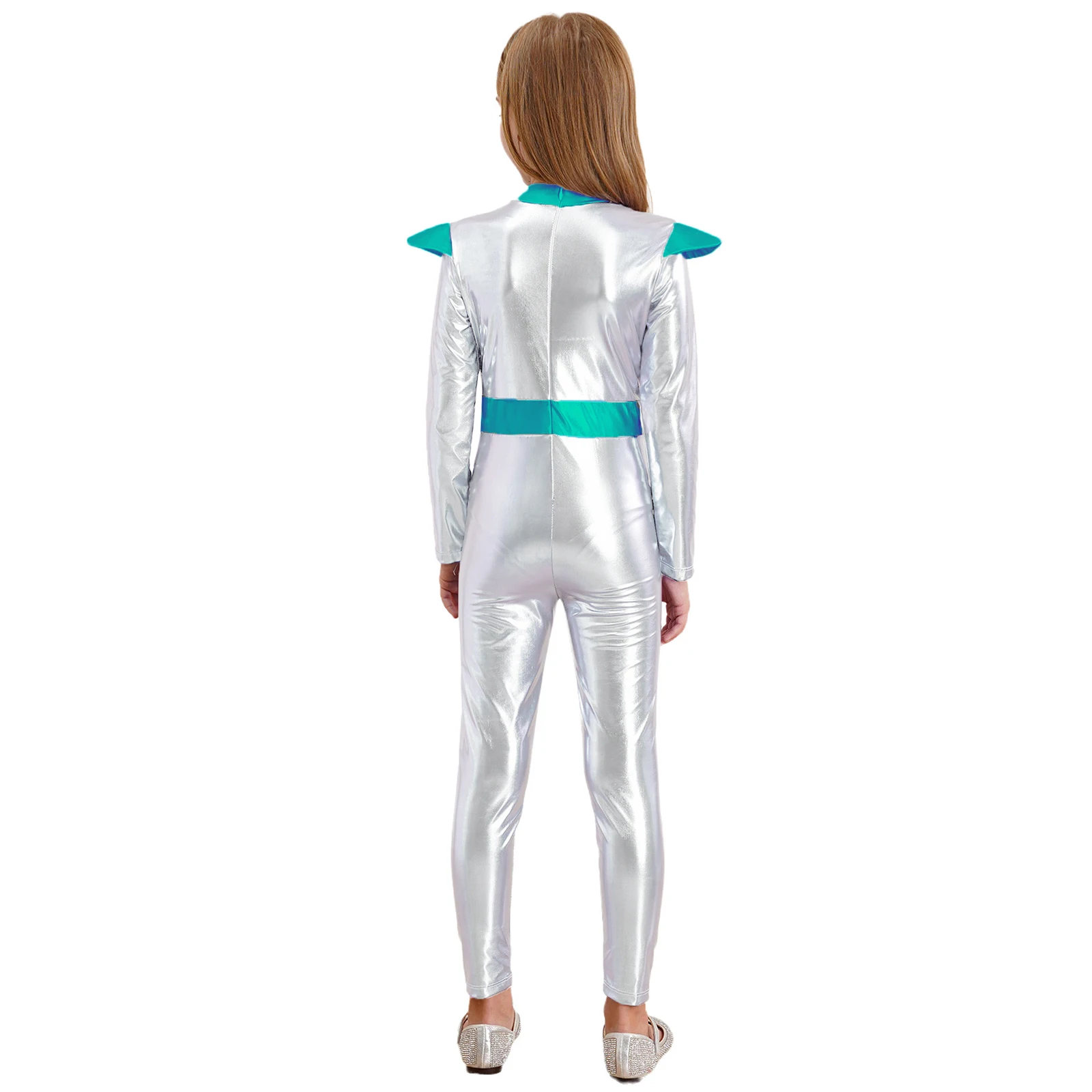 Kids Girl Alien Robot Spacemen Astronaut Cosplay Costume Long Sleeve Shiny Metallic Bodysuit Alien Jumpsuit Halloween Costume