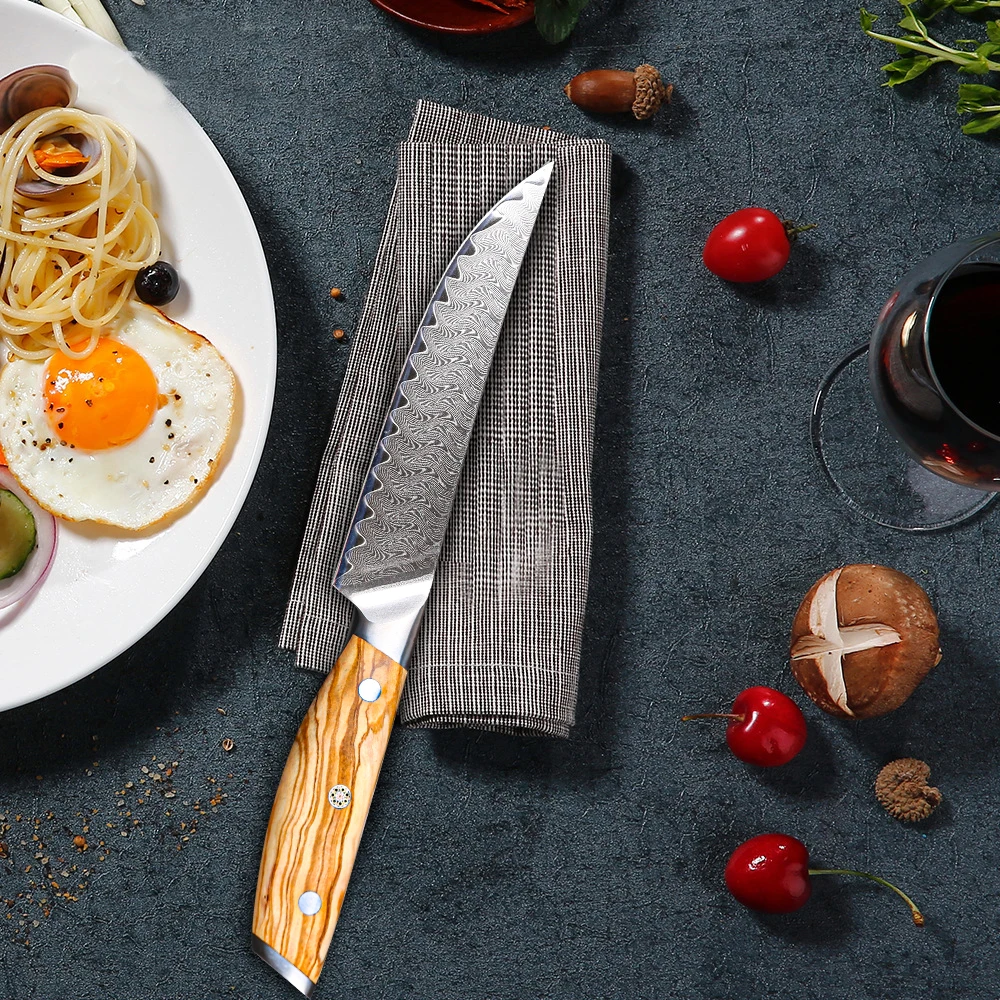 

5 inch Steak Knife SKD11 core Damascus Steel Kitchen Knife High Quality olive wood Cutting vegetables and meat cutter