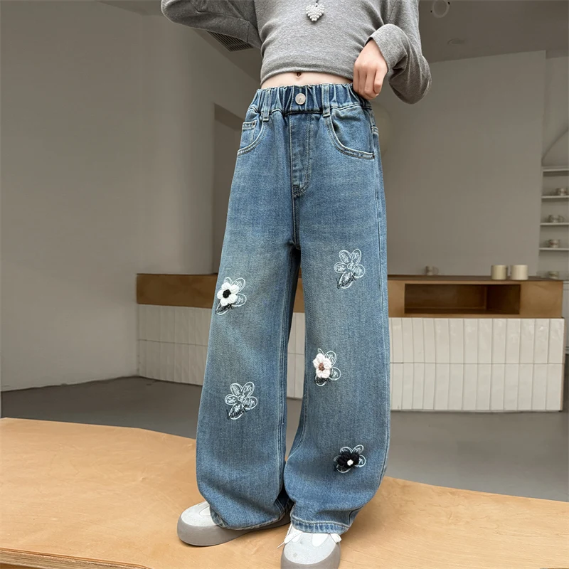 2025 Autumn Children's Flower Jeans New Embroidered Girls' Pants Winter Student Campus Boys' Sports Pants