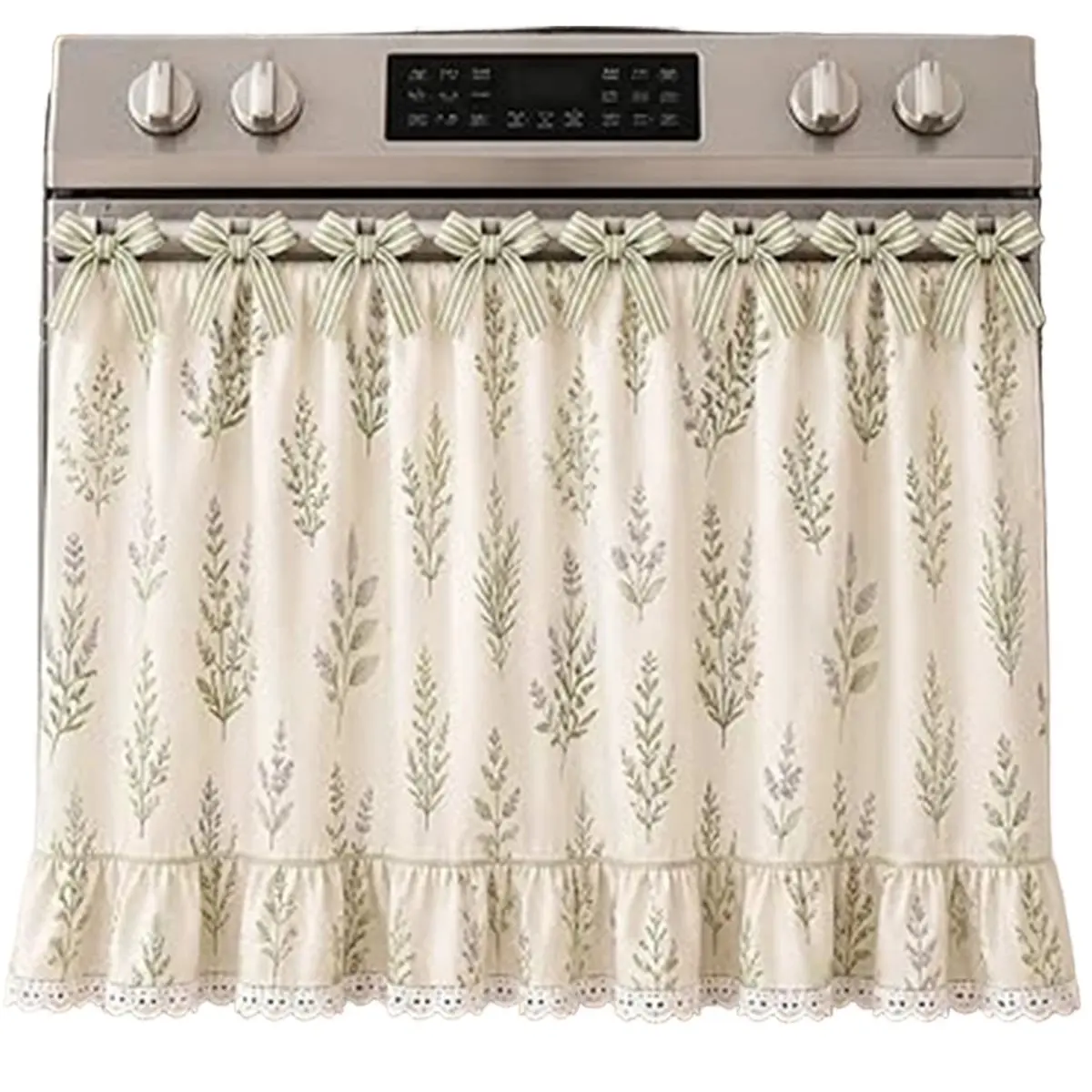 2026 New Farmhouse Stove Skirt Oven Curtain for Kitchen Decor, Cotton Blend Stove Curtain with Lace Ruffle Trim & 9 Ribbon Ties