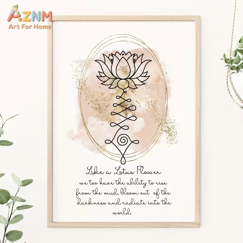 AZNM Unalome Lotus Flower Motivational Quote Canvas Wall Art Pink Watercolor Boho Spiritual Art Yoga Bedroom Decor Unframed Canv