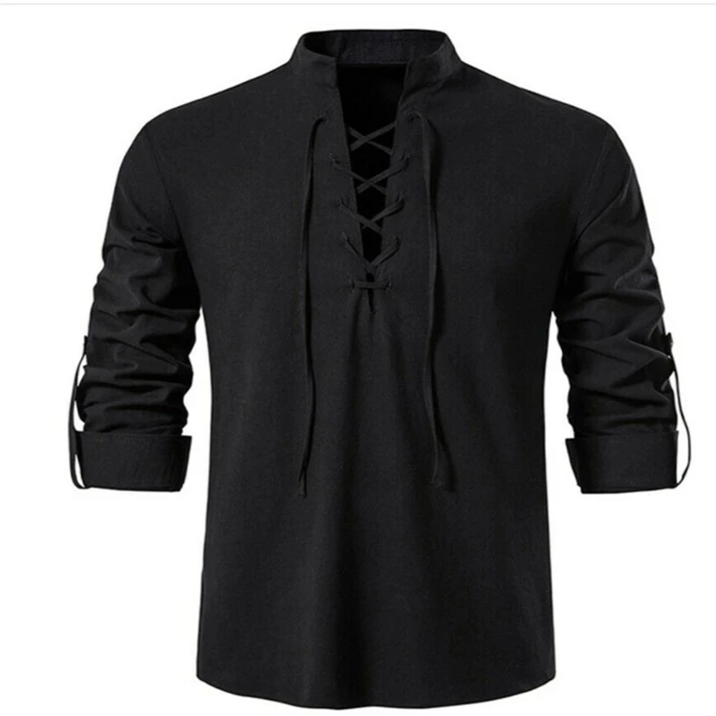 2024 New Men Long-Sleeved V-neck T-shirt Cotton and Linen Led Casual Men\'s T-shirt Shirt Male Breathable Front Lace Up Shirts