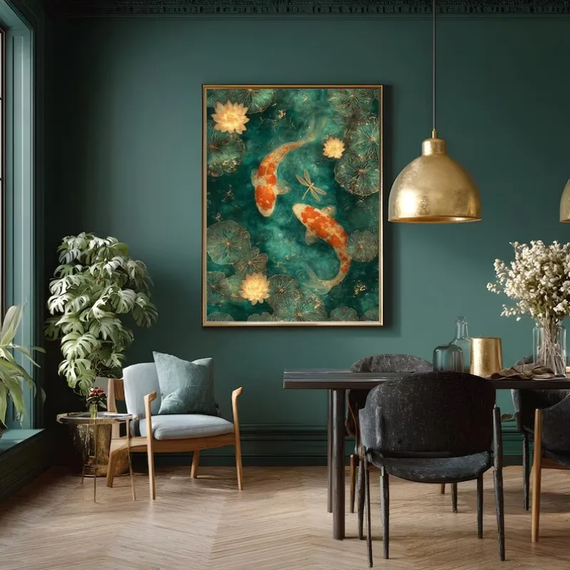 Japanese Pond Emerald Koi Fish Poster Zen Watercolor Tranquil Zen Feng Shui Canvas Painting Wall Art for Living Room Home Decor